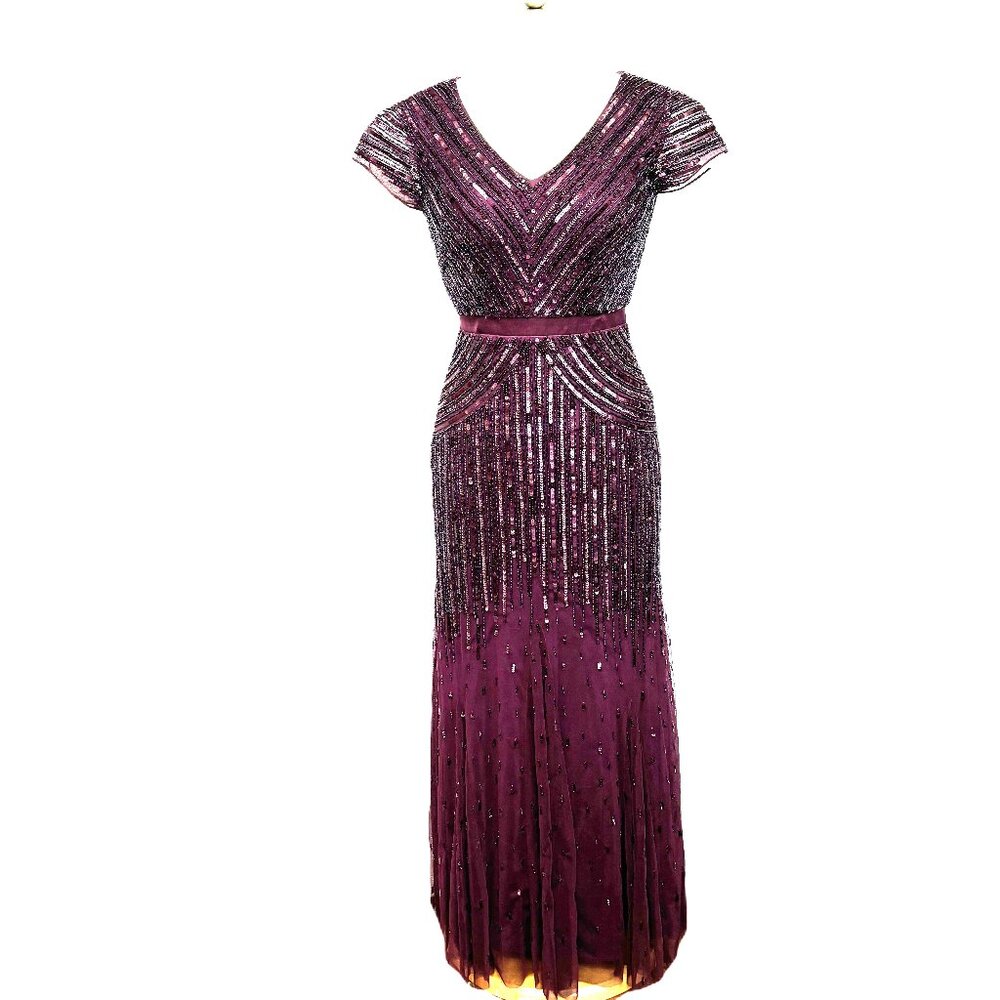Adrianna Papell Sequin Plum Cap Sleeve Maxi Gown - EUC